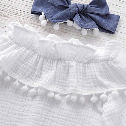 Conjunto De Bebé ReciéN Nacido Camiseta De Manga Larga con Borla Y Volantes En Color Liso+Pantalones con Lazo+Banda para El Cabello AlgodóN Y Lino Informal Vestido Bautismal(Blanco,0-3 meses/70)