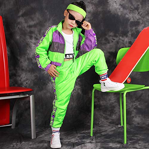 Conjunto de Ropa de Hip Hop para niñas de 3 Piezas, Traje de Baile Callejero para niños, Chaleco Recortado, Chaqueta Verde Fluorescente y Pantalones de chándal (Verde, 10-11 años)