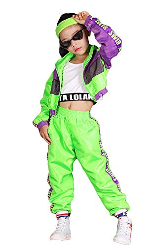 Conjunto de Ropa de Hip Hop para niñas de 3 Piezas, Traje de Baile Callejero para niños, Chaleco Recortado, Chaqueta Verde Fluorescente y Pantalones de chándal (Verde, 10-11 años)