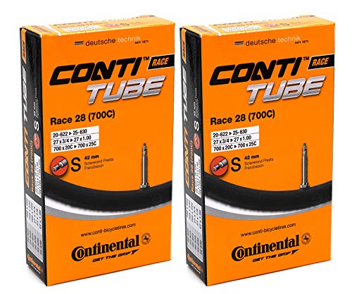 Continental Pack 2 cámaras Road 28, 700 c 20-25, válvula Presta(Fina), 42 mm, Unisex Adulto, Negro, [20-622->25-630]