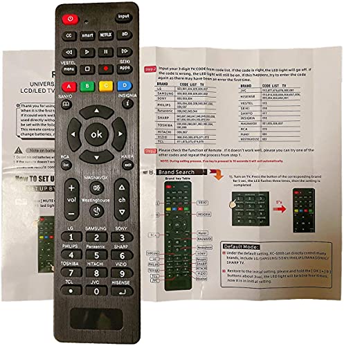 Control Remoto Universal de TV para Samsung, Vizio, LG, Sony, Panasonic, Smart TV, HAIER, Toshiba, Philips, TCL, Hitachi, Hisense - con 3D, Netflix, Botones APPS