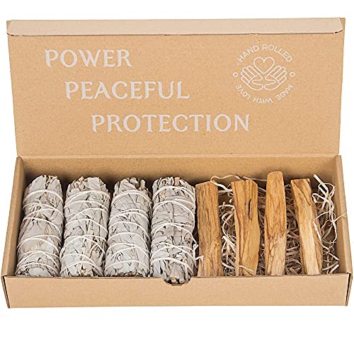 Copalosanto Kit con Salvia Blanca Apiana y Palo Santo, Incienso Natural para Quemar, Set 4 Sticks de Madera Sagrada y 4 Manojos Atados de 10cm