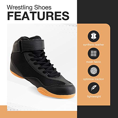 Core Botas de Lucha para Hombre, Mujer y niños, Antideslizantes Zapatillas de Lucha Libre, para Deportes de Combate, Wrestling Shoes, Crossfit y Levantamiento de Pesas, Negro, Talla 41 EU