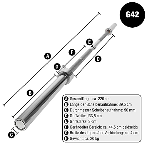 C.P. Sports barbell barras de pesas, barra olímpica 50mm, sostiene hasta 250 kg, pesa 20 kg, longitud total 2200 mm, acero sólido cromado, de alta calidad casquillos de fricción, pareja abrazadera cierre G42