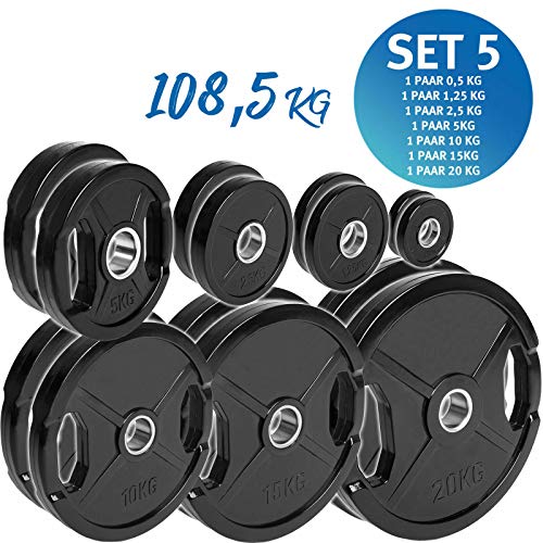 C.P.Sports - Juego de discos para pesas olímpicas con revestimiento de goma, Set 5 - 108,5 kg, 50 mm, culturismo, juego de pesas con agujeros para agarrar, entrenamiento con pesas,