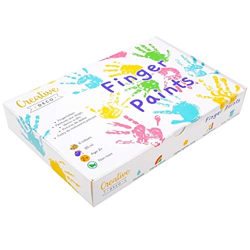 Creative DECO Pintura de Dedos para Niños Bebes No Tóxica | 6 x 125 ml Colores Intensos en Botes Grandes | Temperas Seguras para Niños Pequeños | Set de Pinturas Lavables