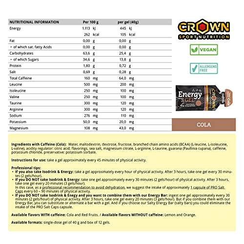 Crown Sport Nutrition Gel Energético - con o sin Cafeína - 12 unidades Carbohidratos en ratio 2:1:1 (Maltodextrina - Dextrosa - Fructosa) Ciclismo Running Deporte Entreno