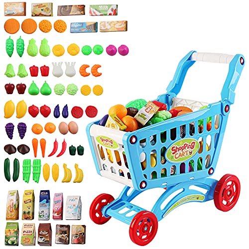 deAO Carrito de la Compra Infantil Incluye Variedad de 78 Productos de Mercado y Comestibles para Niños y Niñas (Azul)