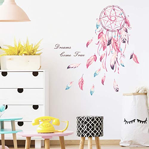 decalmile Pegatinas de Pared Atrapasueños Plumas Rosa Vinilos Decorativos Frases Dreams Come True Adhesivos Pared Habitación Niña Dormitorio Infantiles Niños Bebés