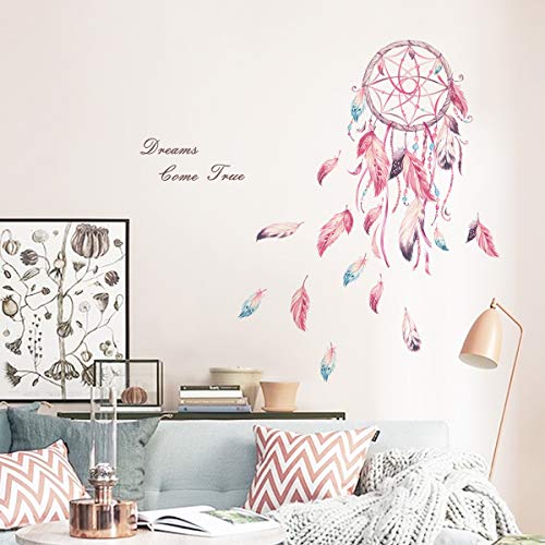 decalmile Pegatinas de Pared Atrapasueños Plumas Rosa Vinilos Decorativos Frases Dreams Come True Adhesivos Pared Habitación Niña Dormitorio Infantiles Niños Bebés