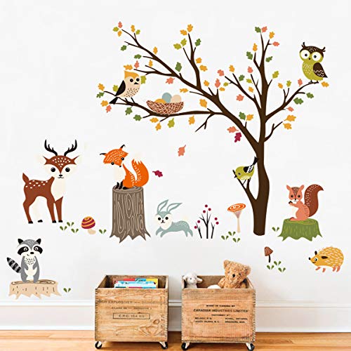 decalmile Pegatinas de Pared Bosque Animales Árbol Vinilos Decorativos Búho Zorro Ciervo Adhesivos Pared Habitación Niño Bebé Guardería