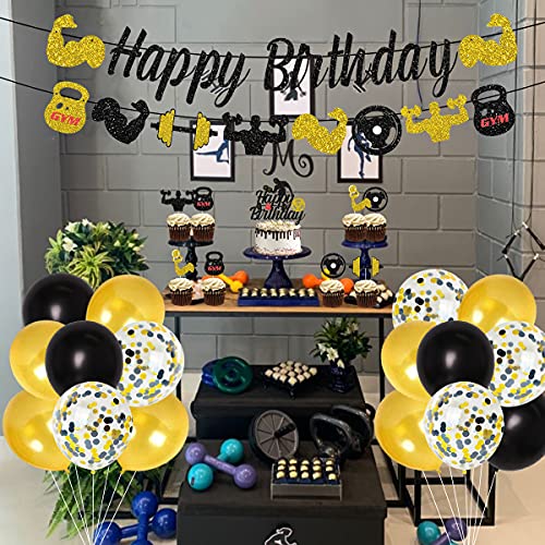 Decoraciones de fiesta de cumpleaños de gimnasio Decoraciones de fiesta temáticas de fitness en negro y dorado para hombres, suministros para fiestas temáticas de levantamiento de pesas