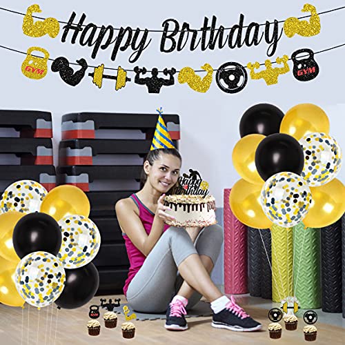 Decoraciones de fiesta de cumpleaños de gimnasio Decoraciones de fiesta temáticas de fitness en negro y dorado para hombres, suministros para fiestas temáticas de levantamiento de pesas