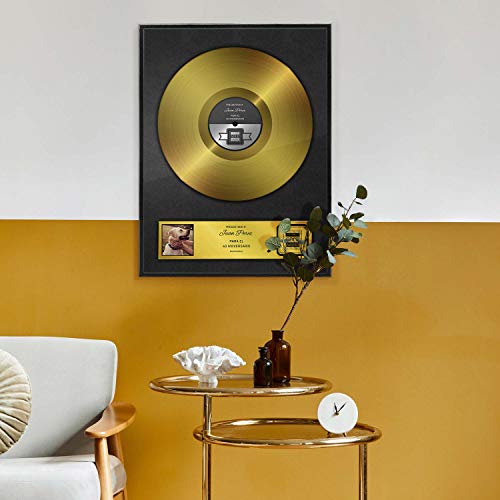 Disco de oro como certificado personalizado con marco de madera - Regalo personalizado con nombre y fecha Decoración de pared de ocasión con marco de fotos (DIN A4 - 21 x 30 cm - Español)