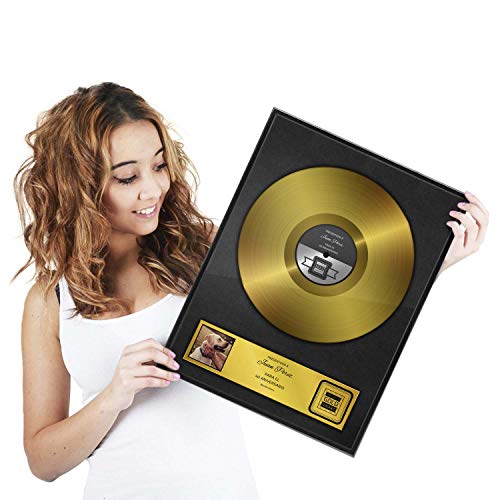 Disco de oro como certificado personalizado con marco de madera - Regalo personalizado con nombre y fecha Decoración de pared de ocasión con marco de fotos (DIN A4 - 21 x 30 cm - Español)