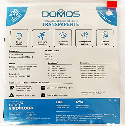 Domos Mascarilla Transparente Reutilizable Homologada. Color NEGRO. Ideal para la DESESCALADA. Certificaciones UNE0065(ES) y CWA17553(UE). Fabricada en España (Talla L)