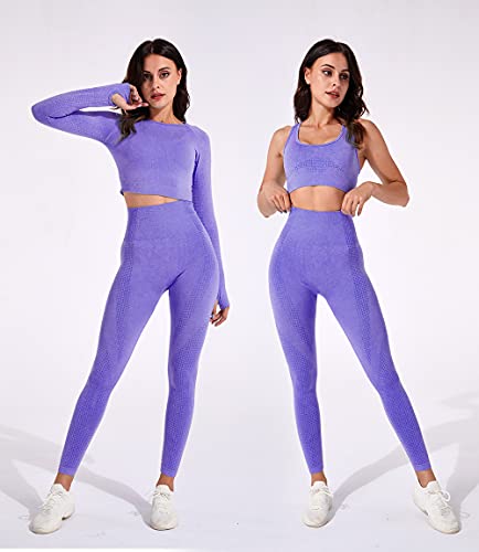 DONYKARRY Conjunto Deportiva para Mujer 3 Piezas Top de Manga Larga de Running Pantalones de Cintura Alta Elásticos Leggings de Fitness sin Costuras para Yoga Gimnasio Trotar (Púrpura, L)