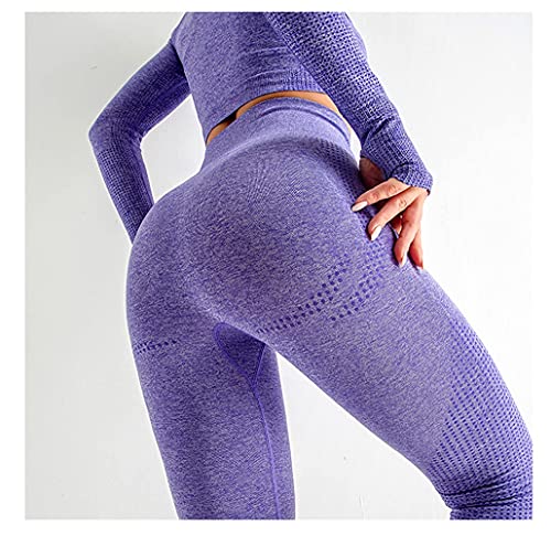 DONYKARRY Conjunto Deportiva para Mujer 3 Piezas Top de Manga Larga de Running Pantalones de Cintura Alta Elásticos Leggings de Fitness sin Costuras para Yoga Gimnasio Trotar (Púrpura, L)