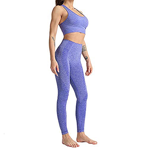 DONYKARRY Conjunto Deportiva para Mujer 3 Piezas Top de Manga Larga de Running Pantalones de Cintura Alta Elásticos Leggings de Fitness sin Costuras para Yoga Gimnasio Trotar (Púrpura, L)