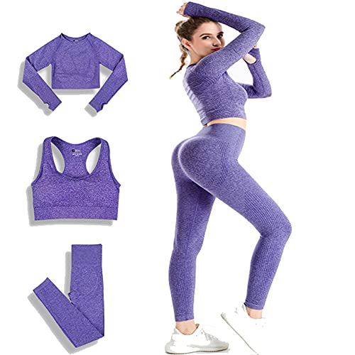 DONYKARRY Conjunto Deportiva para Mujer 3 Piezas Top de Manga Larga de Running Pantalones de Cintura Alta Elásticos Leggings de Fitness sin Costuras para Yoga Gimnasio Trotar (Púrpura, L)