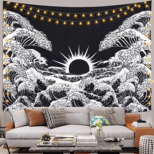 Dremisland Tapiz de Pared Gran Ola Kanagawa Tapiz Mandala Colgar en la Pared Tapicería Tapiz de Pared Blanco y Negro Océano Tapestry Tela Decoración para Sala Estar Dormitorio (M/130X150cm)