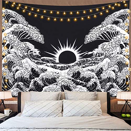 Dremisland Tapiz de Pared Gran Ola Kanagawa Tapiz Mandala Colgar en la Pared Tapicería Tapiz de Pared Blanco y Negro Océano Tapestry Tela Decoración para Sala Estar Dormitorio (M/130X150cm)