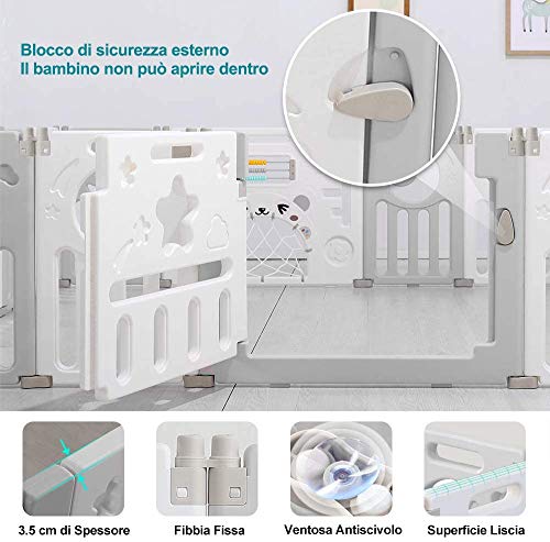 Dripex Parque para Bebés, Corralito Bebe, Centro de Actividades para Niños, Patio de Juegos de Seguridad Hogar Interior Exterior de 0 a 6 Años, Plegable 12 + 2 paneles, Gris-Blanco