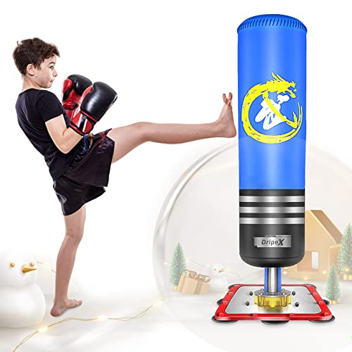 Dripex Saco Boxeo Niños, Saco de Boxeo de Pie Niños Profesional, No Hinchable, con Base de Succión, para Practicar Karate MMA Kick Boxing Bolsa de Boxeo Fitness para Niños(Azul)