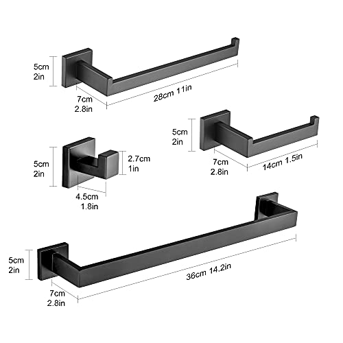 DUFU 4 Piezas Toalleros de Juego de Accesorios de Ferreteria de Baño de Pared con Toallero 40cm,Barra de Toallas,Soporte de Papel Higiénico,Gancho de Bata Acero Inoxidable Negro Mate