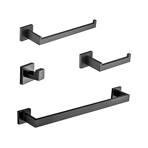 DUFU 4 Piezas Toalleros de Juego de Accesorios de Ferreteria de Baño de Pared con Toallero 40cm,Barra de Toallas,Soporte de Papel Higiénico,Gancho de Bata Acero Inoxidable Negro Mate