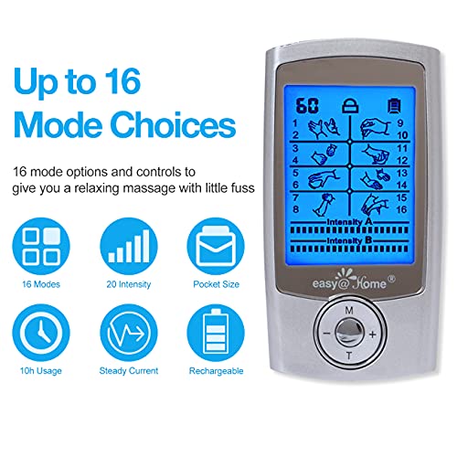 Easy@Home Alivio del dolor Electroestimulador TENS y electroestimulación muscular Rehabilitación EMS Masajes para el alivio del dolor 16 Programas de masaje 20 Niveles de intensidad