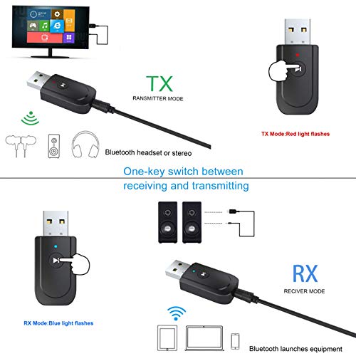 EasyULT 4-en-1 Adaptador Bluetooth 5.0, Bluetooth USB Dongle Transmisor y Receptor con Línea de Audio de 3.5 mm, para TV/PC/Teléfonos/Altavoces/Radio(Negro)