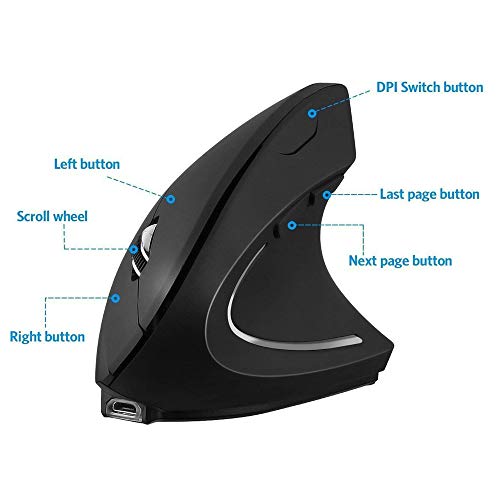 EasyULT Ratón Vertical Inalámbrico Ergonómico Recargable USB, 2.4 G ratón óptico con Receptor Nano, Reposamuñecas Botones de Pulgar Ajustables, 6 Botones,1600 dpi Ajustable para PC/portátil/Mac-Negro