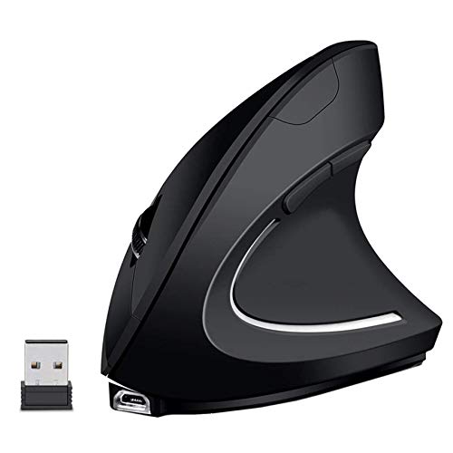 EasyULT Ratón Vertical Inalámbrico Ergonómico Recargable USB, 2.4 G ratón óptico con Receptor Nano, Reposamuñecas Botones de Pulgar Ajustables, 6 Botones,1600 dpi Ajustable para PC/portátil/Mac-Negro