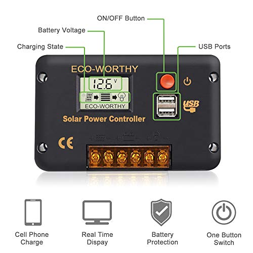 ECO-WORTHY Kit de Panel Solar de 120W + Controlador de Carga Solar de 30 A para Cargas del Sistema Sin Conexión a la Red, Batería de 12 V de Autocaravana / Barco