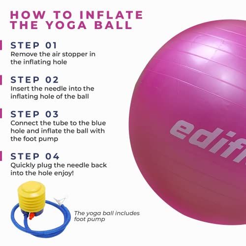 Edifit, Pelota de Pilates, Yoga Accesorios, Fitness, Varios Tamaños, Pequeño, Mediano, Grande, Ejercicio en Casa (65cm, Rosa)