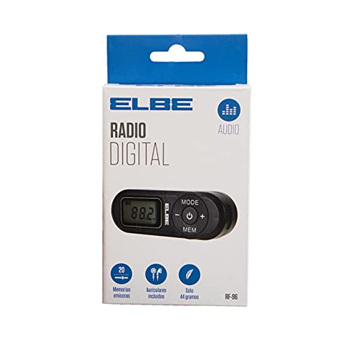 Elbe RF-96 Radio de Bolsillo Digital FM, Búsqueda automática o Manual de emisoras, Auriculares Stereo incluidos, Dispone de Correa para Colgar al Cuello, Negro