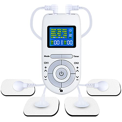 Electroestimulador Digital, [12 Modos, 40 Intensidad] Electroestimulador TENS con 2 Canales, 4 Electrodos Autoadhesivos, TENS & EMS Principio, para Relajar y Masajear Los Músculos (Blanco)