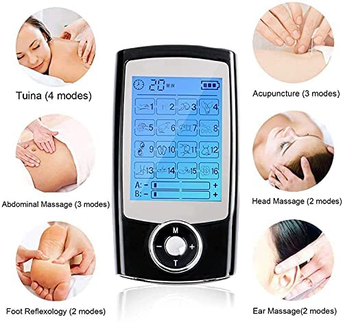 Electroestimulador digital,para aliviar el dolor muscular y el fortalecimiento muscular, masaje, EMS, TENS, pantalla LCD azul,8 electrodos autoadhesivos, 16 Programas de masaje