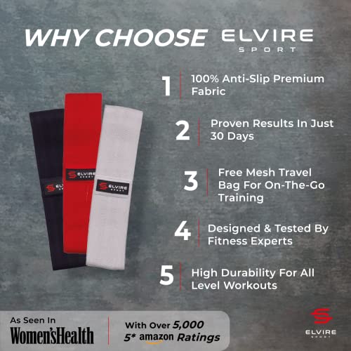 ELVIRE SPORT Bandas Elasticas Musculacion Mujer y Hombre (Set de 3) | Cintas Elasticas Fitness de Tela | Ligas para Ejercicios Gomas Yoga, Pilates, Crossfit, Sentadillas, Fisioterapia