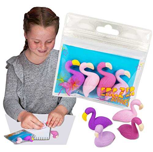 Erazer Buddies - Flamenco de Deluxebase. Gomas de borrar con forma de flamenco para niñas y niños. Colorido set de borradores de lápiz, ideal para útiles escolares y artículos de oficina