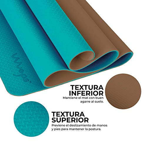 esterilla deporte, esterilla yoga Wueps, incluye correa de hombro y bolsa de transporte, ideal para realizar deporte en casa, yoga mat, esterilla yoga antideslizante, (Color Azul Oscuro y Azul Claro)