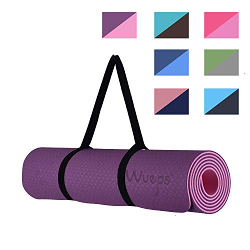 esterilla deporte, esterilla yoga Wueps, incluye correa de hombro y bolsa de transporte, ideal para realizar deporte en casa, yoga mat, esterilla yoga antideslizante, (Color Morado y Rosa)