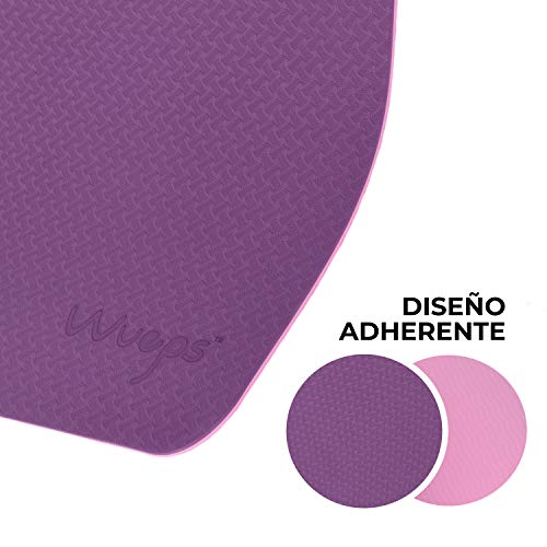 esterilla deporte, esterilla yoga Wueps, incluye correa de hombro y bolsa de transporte, ideal para realizar deporte en casa, yoga mat, esterilla yoga antideslizante, (Color Morado y Rosa)