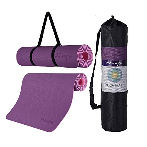 esterilla deporte, esterilla yoga Wueps, incluye correa de hombro y bolsa de transporte, ideal para realizar deporte en casa, yoga mat, esterilla yoga antideslizante, (Color Morado y Rosa)