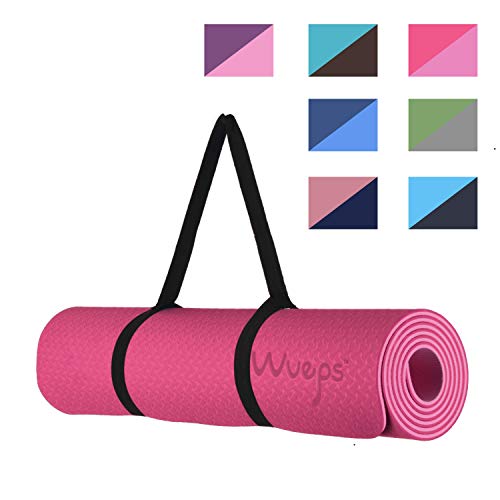 esterilla deporte, esterilla yoga Wueps, incluye correa de hombro y bolsa de transporte, ideal para realizar deporte en casa, yoga mat, esterilla yoga antideslizante, (Color Rosa Roja y Rosa Claro)