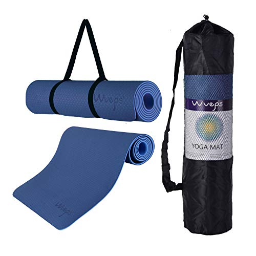 esterilla deporte, esterilla yoga Wueps, incluye correa de hombro y bolsa de transporte, ideal para realizar deporte en casa, yoga mat, esterilla yoga antideslizante, (Color Azul Oscuro y Azul Claro)