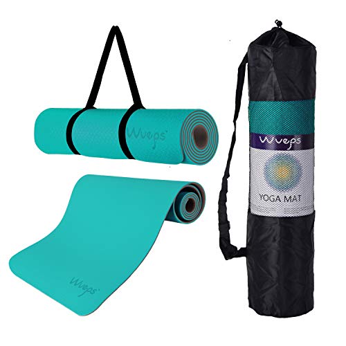 esterilla deporte, esterilla yoga Wueps, incluye correa de hombro y bolsa de transporte, ideal para realizar deporte en casa, yoga mat, esterilla yoga antideslizante, (Color Azul de Lago y Café)