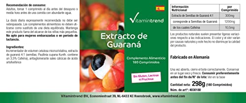 Extracto de guaraná 300mg – 4 veces mayor concentración – vegano – tratamiento para 6 meses – 180 comprimidos