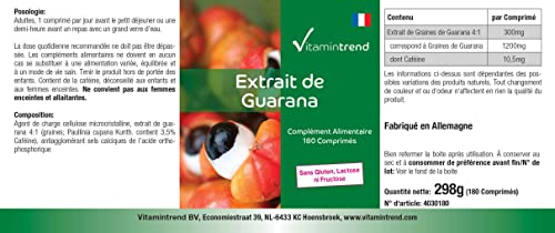 Extracto de guaraná 300mg – 4 veces mayor concentración – vegano – tratamiento para 6 meses – 180 comprimidos